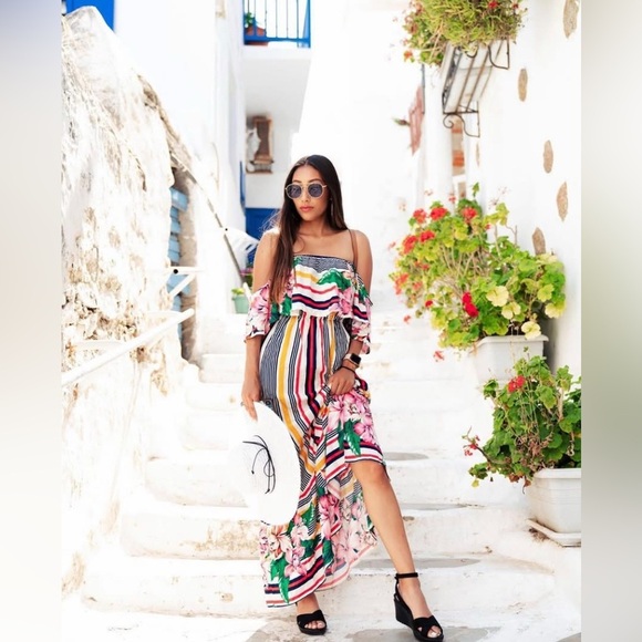 Flying Tomato Dresses & Skirts - Flying Tomato Women Floral Stripe Multicolor Vibrant Off Shoulder Long Dress M